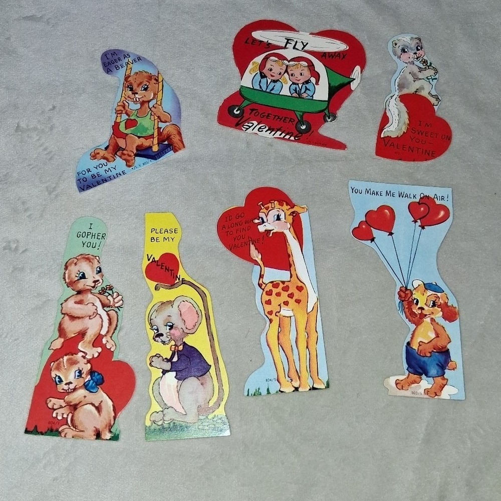 Lot of 7 Vintage Die Cut Children's Valentine Cards Animals 1950s 1960s